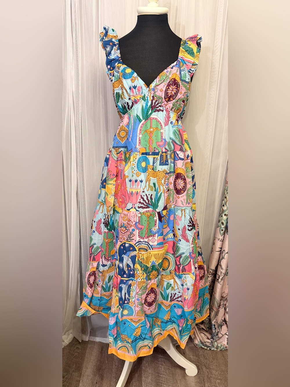 J. Marie NWT Whimsical Tropical Animal Print Tie Back Maxi Dress M